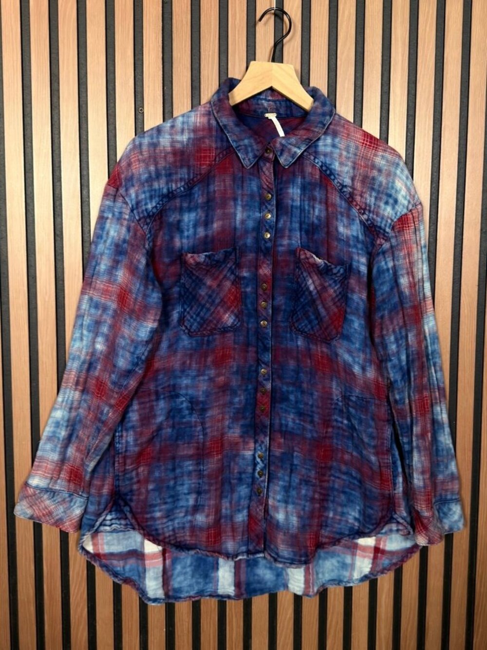 Free People Shirt Medium Tie Dye Plaid Soft Knit Button Up Mountain Flannel